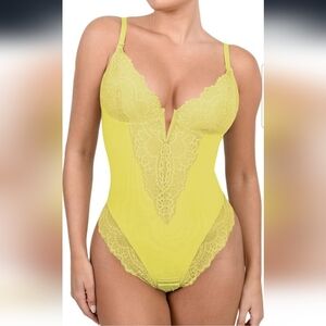 Popilush Yellow Lace V Neck Corset Shapewear Tummy Control Bodysuit Size XXL